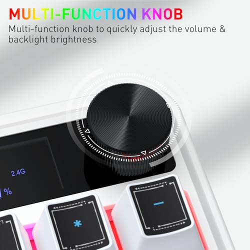 Redragon K526 PRO RGB Wireless Membrane Gaming Keyboard, 104 Keys Mechanical-Feel Keyboard w/LED Info Display, Media/Backlit Knob Control, Smooth Linear Switch & Software Supported - color: White