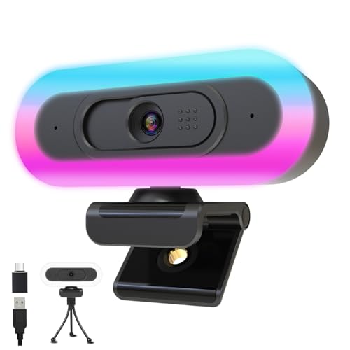 2k Webcam with Ring Light/Microphone,PC Gaming Computer Camera | PC Webcam with RGB Light/Cover/Tripod,Autofocus,65°FOV,Plug and Play USB C Web Camera for Laptop Streaming/Zoom Meeting