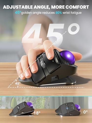 Wireless Trackball Mouse, Adjustable Angle Rechargeable Backlit-Purple Ball | MAM1 Pro Ergonomic Mouse Rollerball Thumb mice with 5 Level DPI, 3 Devices Connection (USB & Bluetooth ) for PC, Windows - color: Purple Ball