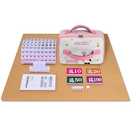 Chinese Small Mahjong Set, 144 Numbered Melamine 1.17" Size Tiles(Pink) and 8 Blank Tiles, with Carrying Travel Bag, English Instruction, Mahjong Mat, Pro Complete Mahjongg Game Set (Majiang) - color: Pink, size: 1.17 in