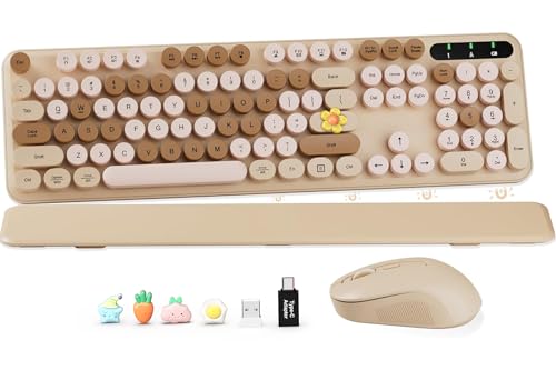 Wireless Keyboard and Mouse Combo, Round Keycaps, Full-Size Retro Typewriter-Style Keyboard with Magnetic Wrist Rest, Tilt Legs, 2.4GHz Cordless for Mac, Windows PC, Laptop, SABLUTE CK23, Latte Beige | Full-Size Retro Typewriter-Style Keyboard, Tilt Legs,