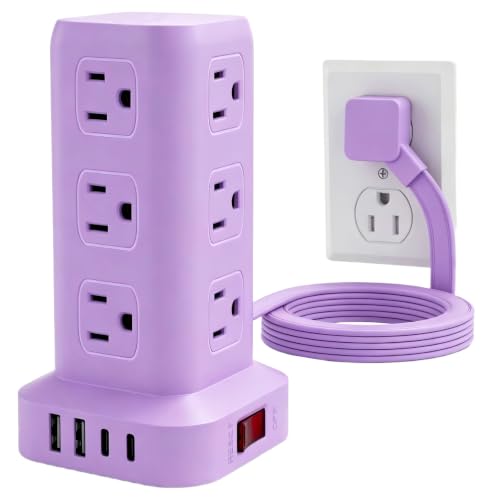 Extension Cord with Multiple Outlets, SMALLRT Power Strip Tower, Outlet Extender with 12 AC Outlets 4 USB, 6.5FT Extension Cord for Home Dorm Room, Office Supplies, Purple - color: Purple, size: 6.5 Ft without wireless charging