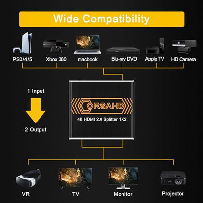 CORSAHD 4K@60Hz HDMI Splitter 1x2 4:4:4,18 Gbps,Supports Soundbar,HDCP Bypass,EDID,Duplicate/Mirror/Copy,Downscale, HDR,Dolby Vision Atmos,4K HDMI Splitter 1 in 2 Out for Dual Monitors