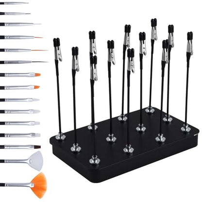 Metal Painting Stand Base Holder and 12pcs Magnetic Bendable Alligator Clip Sticks and 15 Pieces Clean Brush Set Modeling Tools for Airbrush Spray,Gundam Hobby Model Parts Assemble