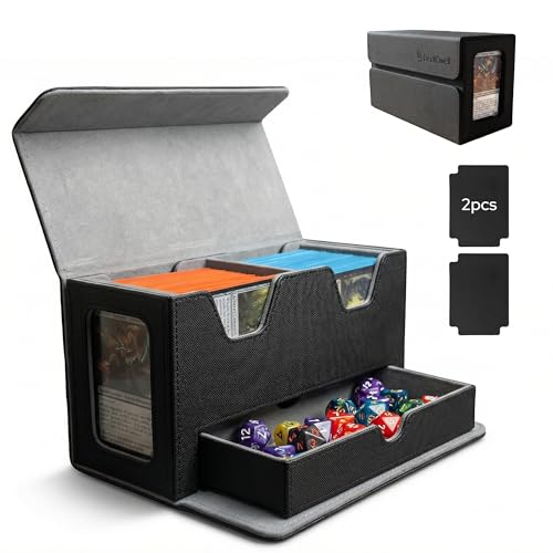 Double Deck Box MTG Commander 200+ Cards with Dice Tray Black | Dual display for quick ID. Durable PU leather, soft lining. Holds 200+ cards, includes dice tray, perfect for TCG. - color: Black, size: 200+