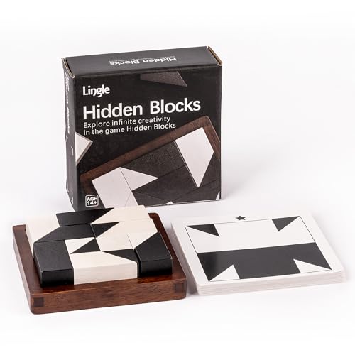 Wooden Hidden Blocks Puzzle Game - 80 Brain Challenges with Solid Wood Box & Deluxe Black and White Pieces, 3D Logic & Spatial Thinking Tabletop Toy, Perfect for Family Fun & Creative Gifts