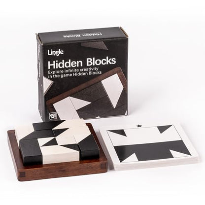 Wooden Hidden Blocks Puzzle Game - 80 Brain Challenges with Solid Wood Box & Deluxe Black and White Pieces, 3D Logic & Spatial Thinking Tabletop Toy, Perfect for Family Fun & Creative Gifts