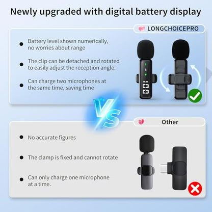Microphone for iPhone & Android, Wireless Mini Microphone | Battery Display, Clear Voice, Noise Cancelling, Lavalier Mic for TikTok, YouTube & Interviews, Dual Mic - style: USB-C+Lightning+USB-A