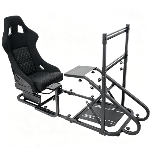 Racing Simulator Cockpit with Monitor Mount and Stronger Fiberglass Back Mesh Fabric Bucket Seat, Racing Wheel Stand Compatible with Fanatec, Thrustmaster, Logitech, Moza Racing Games on PS5, PS4, Xbox and PC - color: Cockpit+Black Seat