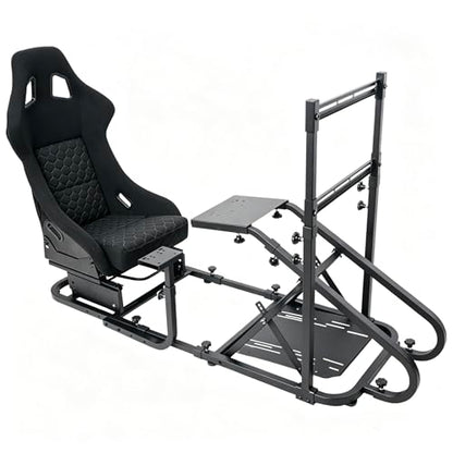 Racing Simulator Cockpit with Monitor Mount and Stronger Fiberglass Back Mesh Fabric Bucket Seat, Racing Wheel Stand Compatible with Fanatec, Thrustmaster, Logitech, Moza Racing Games on PS5, PS4, Xbox and PC - color: Cockpit+Black Seat