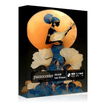 Impossible Puzzles for Adults 1000 Pieces，Music Lady Puzzles, Black Woman Puzzle Art Feature Leaf Moon Musical Instruments,Elegant Puzzle as Wall Decor - style: Moonlit Lute Woman puzzle