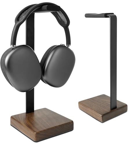 GEVO Headphone Stand Headset Holder - Headset Metal Mount Rack for Desk with Walnut Wooden Square Base for Gaming, AirPod Max, Bose, Sony, Razer, Jabra, JBL