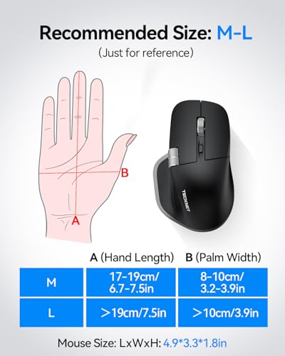 TECKNET Wireless Mouse, Bluetooth Mouse (BT5.3/5.0 & 2.4G) Rechargeable Ergonomic Optical Mouse with 6 Adjustable DPI, Side Scroll, Quiet Clicks, USB A Receiver, 7 Buttons, Wide Compatibility - Black - color: Black