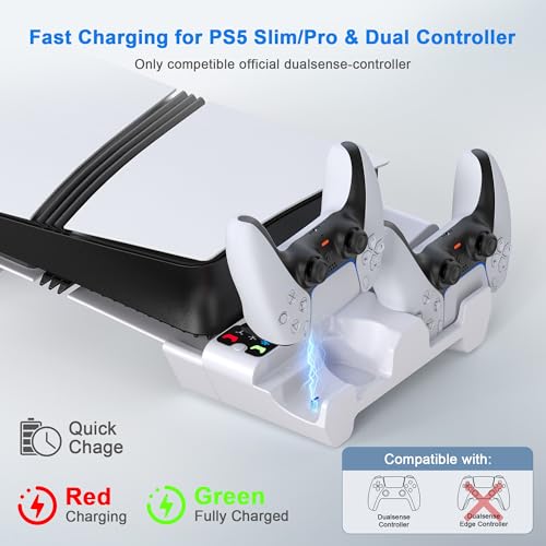 STARTRC GAMES Cooling Station for PS5 Slim/Pro Horizontal Cooling Stand with Controller Charging Station for PlayStation 5 Slim/Pro Console Accessories Kit with 3 Level Cooler Fan (NOT Fit 2020 PS5)