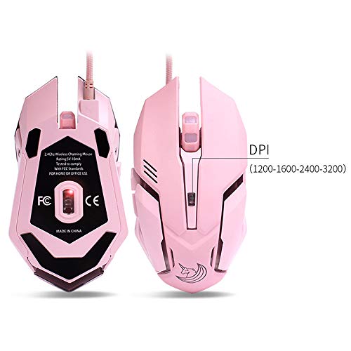 Pink Gaming Mouse Silent Click, LED Backlit Optical Game Mice Ergonomic USB Wired Mice Compatible with Laptop PC, 7 Buttons, 4 Adjustable DPI