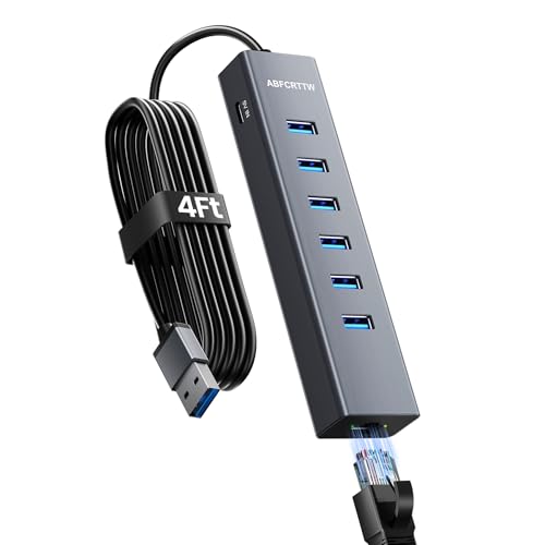 4FT USB to Ethernet Adapter, 7-in-1 USB Hub 3.0 Multiport Adapter with Ethernet 1Gbps & 6 USB 3.0 Port, USB Ethernet Adapter for Desktop, Laptop, MacBook, XPS Windows - size: 4.01FT