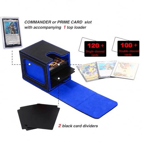 MTG Deck Box for Commander Display,Card Deck Box Fits 100 Double Sleeved Cards, TCG Card Storage Box with 2 Dividers and 1 Toploader (Black＆Blue) | Holds 120 Single/100 Double-Sleeved Cards, Fit MTG/PTCG/OPTCG Cards, Strong Magnet, PU Leather, With 2 Divi