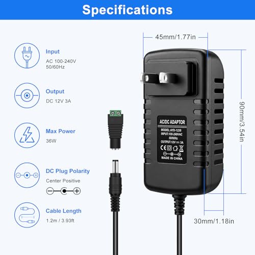 inShareplus 12V 3A Power Supply Adapter with 8 DC Tips, Universal AC to DC 12 Volt 36W Adapter for LED Strip Lights, Routers, DVR Systems and Other 12V Devices - size: 12V3A 36W