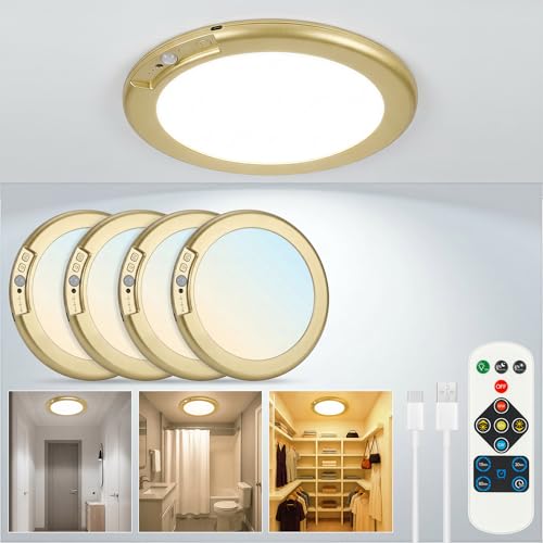 Gold Wireless Rechargeable Ceiling Light, Motion Sensor Closet Light Indoor | 4 Packs Battery Operated Led Lights with Remote for Bedroom Hallway, Living Room, Bathroom, Home & Kitchen Decor Lighting - color: Gold, size: 4 Packs