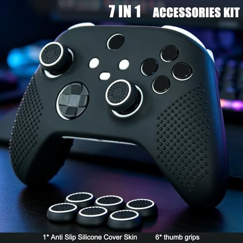 Anti-Slip Black Controller Skin,Studded Edition Protective Silicone Cover Skin Grips Compatible with Xbox Series X/S Controller and 6 PCS Thumb Grips Caps. - color: Black