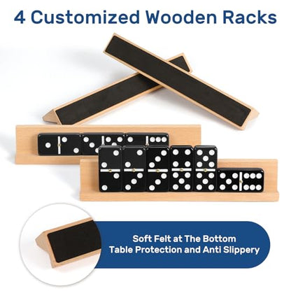 Jumbo Dominos Set for Adults with 4 Wooden Racks/Trays, Double 6 Dominoes Travel Set with Portable Case Double Six Dominoes Set with 4 Tiles Holders, 28 Tiles Dominos Set for Family Board Games - color: Black