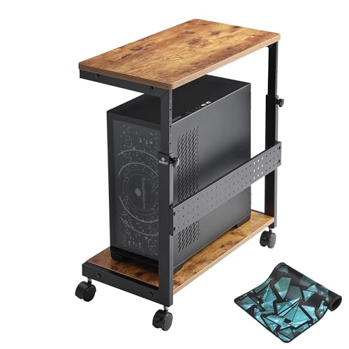 EUREKA ERGONOMIC PC Stand Computer Cart, Height Adjustable Tower Stand 2-Tier Suit for ATX Case Printer, Metal Rolling Cart on Wheels for Gaming Home Office, Antique Wood - color: Antique Wood