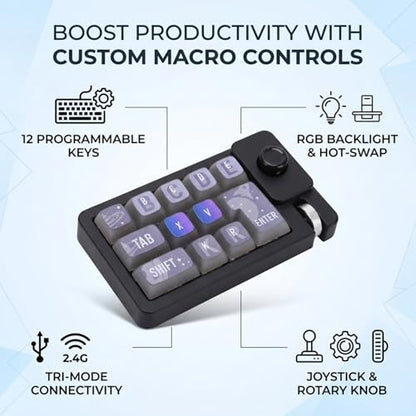 One Handed Mechanical Keyboard, 12 Key RGB Programmable Macro Keypad with Hot Swappable Switches, Knob and 2.4G Bluetooth Wired Connection for Gaming PC