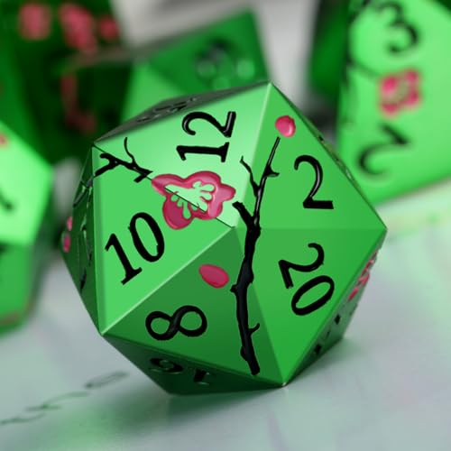 Matt Green Metal Dice Set, DNDND 7 PCS Heavy Metallic D&D Dice Set with Gorgeous Gift Case for Dungeons and Dragon Tabletop Game (Matte Green with Pink Flower) - color: Flower Green