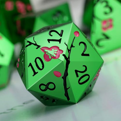 Matt Green Metal Dice Set, DNDND 7 PCS Heavy Metallic D&D Dice Set with Gorgeous Gift Case for Dungeons and Dragon Tabletop Game (Matte Green with Pink Flower) - color: Flower Green