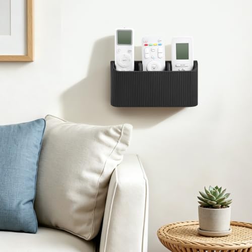 Remote Control Holder Wall Mount TV Remote Holder Caddy Organizer | PU Leather, Self Adhesive, 3 Compartments, Soft Velvet Lining, Aesthetic Stripes - color: Black