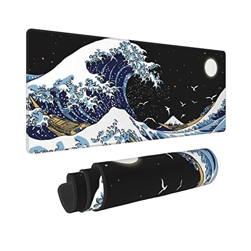 Kanagawa Surfing and Black Mouse Pad, Large Gaming Mouse Pad,Japanese Wave Desk Mat,Laptop Mousepad Non-Slip Rubber Desk Pad Keyboard Waterproof for Computer Desk Mat 11.8x31.5 in - color: Kanagawa Surfing, size: 11.8" x 31.5"