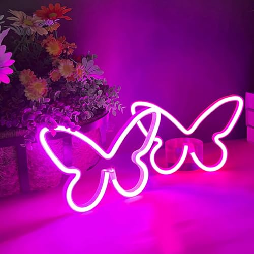 2 Pieces Butterfly Neon Sign USB/Battery Powered LED Light for Wall Decor | Butterfly Night Light for Kids Room, Girls Bedroom, Wedding, Birthday Party Art Decorations - color: 2Pink