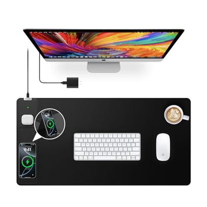Wireless Charging Mouse Pad with Foldable Phone Holder, 31.5"x15.8", Black | Extended Desk Mat for Laptop/Keyboard, Waterproof Ultra-Smooth Surface, Non-Slip Base & 20W PD Adapter - color: Black-Phone Holder-31.5"x15.8"(with Wall Charger)