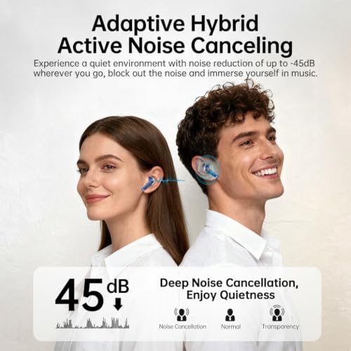 xinwld Adaptive Hybrid Active Noise Canceling 2026 Wireless Earbuds, 6 Mics ENC Clear Call Ear Buds, Hi-Res Audio Deep Bass Bluetooth 5.4 Headphones, 40H, LED, for Sports Running Gym Workout, Blue - color: Blue