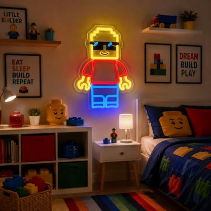 Building Blocks Man Neon Signs for Wall Decor - Block Figure LED Signs with Dimmer Switch, 8.7"x11.8", UV Printed, 5V Power Neon Lights for Boys Roo
