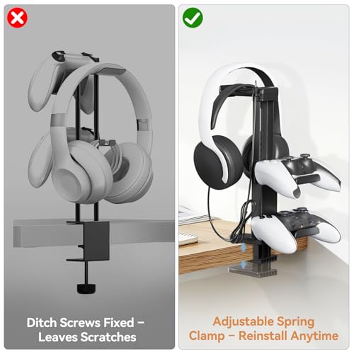Headphone Stand & Under Desk Controller Holder with Adjustable Clamp, Controller Stand & Headset hanger for Desk Mount with 360° Rotating Hook & Cable Organizer 3-in-1 Game Organizer, Headphone Cases - size: 3 Hooks
