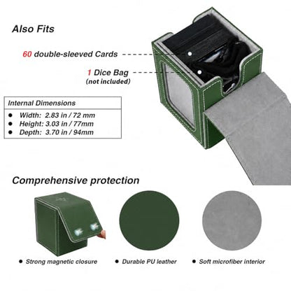 MTG Deck Box with Commander Display Window (Green&Grey, 1 window) | Holds 120 Single/100 Double-Sleeved Cards, Fit MTG/PTCG/OPTCG Cards, Strong Magnet, PU Leather, With 2 Dividers & 1 Toploader - color: Green and Grey