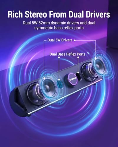 Computer Speakers for Desktop PC, Bluetooth 5.4 Sound Bar with Bass Boost, RGB Light Modes & Touch Buttons – HiFi Stereo USB Speakers for Gaming, Movies, Music, and Home Office - color: USB Powered