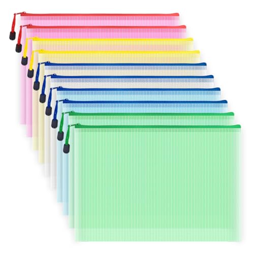 10 Pcs Zipper File Bags, Waterproof Plastic Mesh Pouch for Office School, Board Game Storage Bags (A4 Size 13.4''x9.4'', Multicolored) - color: Multicolored, size: A4 Size 13.4 x 9.4 inch