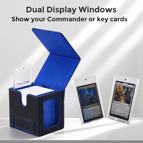 MTG Commander Deck Box with Dual Display Windows and Dice Tray | Fits 100 Double-Sleeved Cards, PU Leather, 2 Magnetic Card Holders, 2 Dividers, Black & Blue - color: 2. Black & Blue