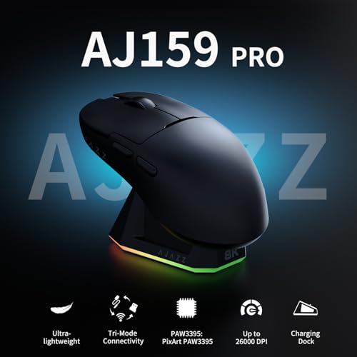 DAIDAI AJ159PRO 8Khz Bluetooth/2.4G/Wired 56G Lightweight Gaming Mouse with Magnetic Charging Dock, PAW3395 Sensor 26KDPI, Huanuo 100 Million Click, 100% ETFE Foot Pad & 8Khz Receiver - color: AJ159 Pro Black