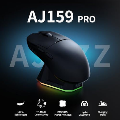 DAIDAI AJ159PRO 8Khz Bluetooth/2.4G/Wired 56G Lightweight Gaming Mouse with Magnetic Charging Dock, PAW3395 Sensor 26KDPI, Huanuo 100 Million Click, 100% ETFE Foot Pad & 8Khz Receiver - color: AJ159 Pro Black