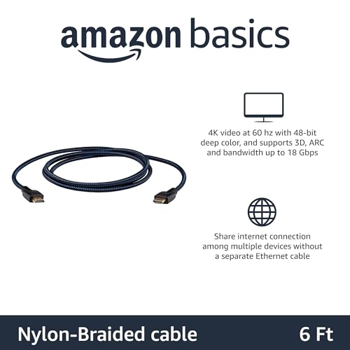 Amazon Basics Nylon-Braided HDMI 2.0 Cable, 6ft, 4K@60Hz, 18Gbps, 2160p, 48 bit, Ethernet, Compatible with TV/PS5/Xbox/Roku/Blu-ray, Black & Blue, 5-Pack - color: Black, size: 6 Feet (Pack of 5)