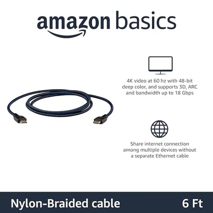 Amazon Basics Nylon-Braided HDMI 2.0 Cable, 6ft, 4K@60Hz, 18Gbps, 2160p, 48 bit, Ethernet, Compatible with TV/PS5/Xbox/Roku/Blu-ray, Black & Blue, 5-Pack - color: Black, size: 6 Feet (Pack of 5)