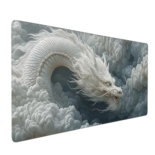 Large Chinese Dragon Mouse Pad, Non-Slip Natural Rubber Desk Mat with Stitched Edges, White and Gray, 35.4 x 15.7 Inches, Gaming - color: White Dragon