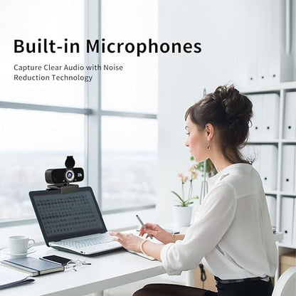 Webcam for Computer, USB Plug&Play, Auto Low Light Correction, Privacy Cover, Tripod, Wide Angle for Meeting/Online Video/Zoom, Web Cam with Microphone