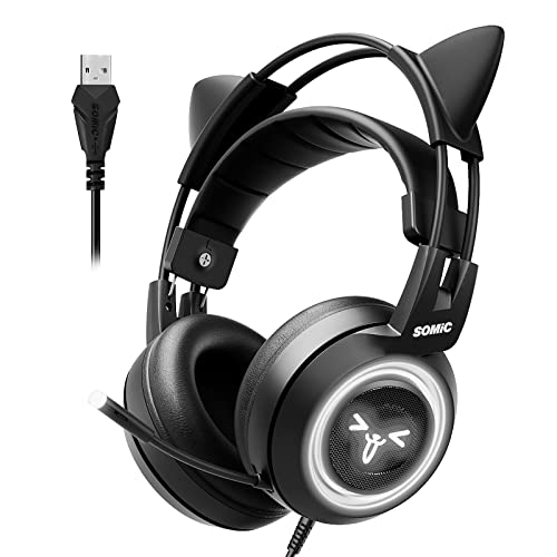 SOMIC G951black Gaming Headset for PC, PS4, Laptop: 7.1 Virtual Surround Sound Detachable Cat Ear Headphones LED, USB, Lightweight Self-Adjusting Over Ear Headphones Black - color: Black