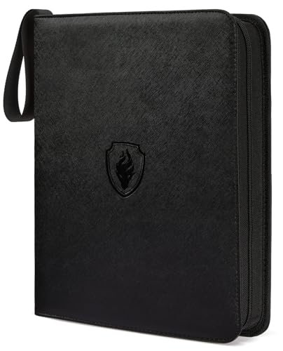 Fabmaker 9 Pocket Card Binder, PU Cover Trading Card Binder Holds 756 Cards | Premium 3 Ring Zipper Card Binder, Portable Baseball Card Binder, Collection Album for Game & Sport Cards, Black - color: Black