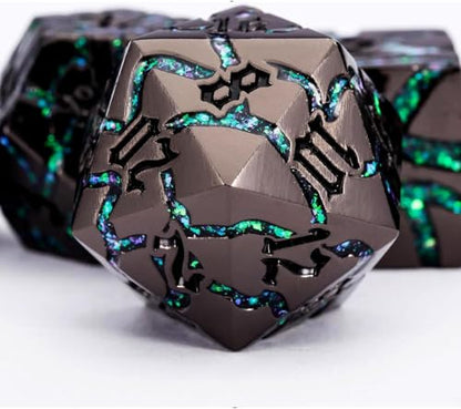 Cracked Rune Metal Dice Set for DND & RPG – Dark Fantasy Fractured Design, Premium Heavy Metal Polyhedral Dice with Deep Engraved Numbers, 7-Piece Set – Green Mystic Vein - color: Black Nickel Green