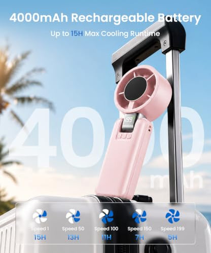 2 Pack Portable Mini Handheld Fan, 199-Level Speed, Black+Pink | 4000mAh Rechargeable Battery, Quiet, LED Digital Display, Personal Cooling Turbo Fan for Travel, Office, Makeup & Concerts - color: Black+Pink
